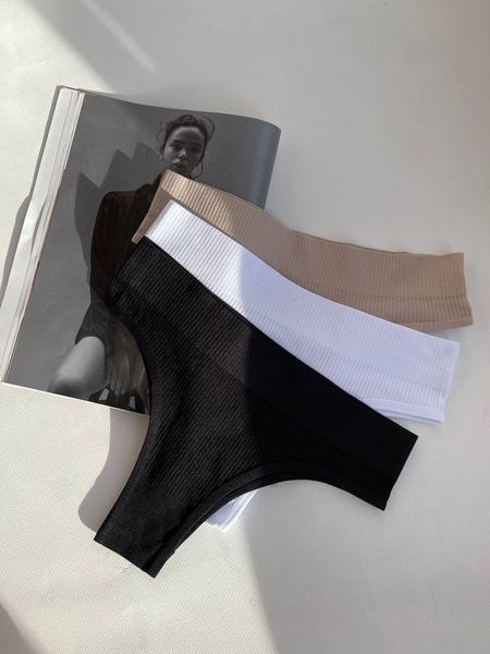Набір бразильян на високій посадці (3 шт.), 3 різних кольори, L-XL, Чорний, білий, бежевий Т009 фото